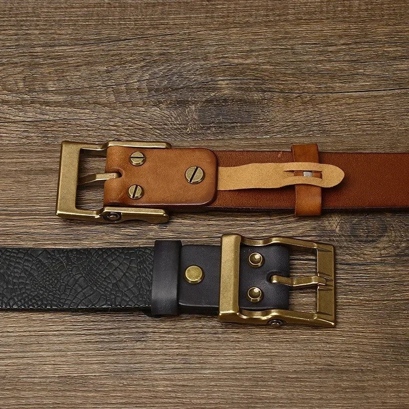 Embossed Leather Brass Buckle Belt