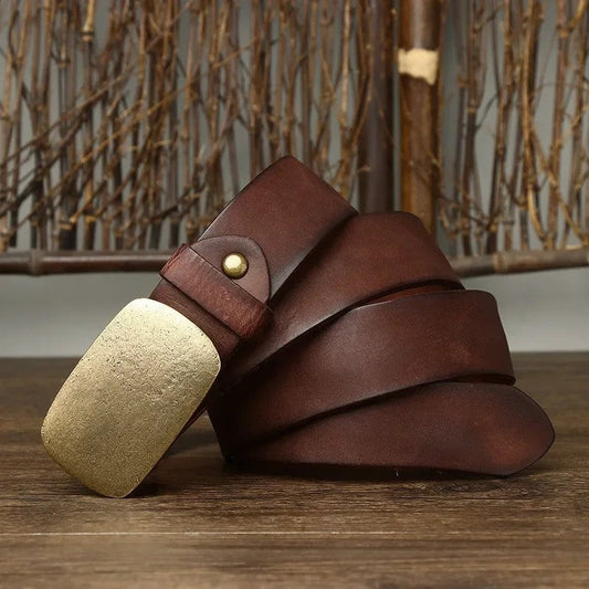 Distressed Brass Buckle Leather Belt