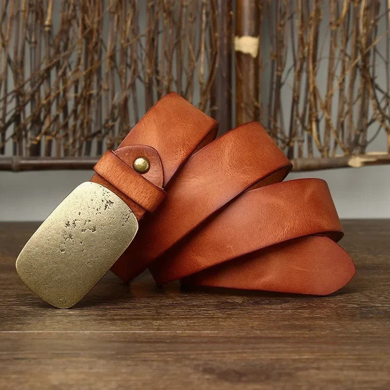Distressed Brass Buckle Leather Belt