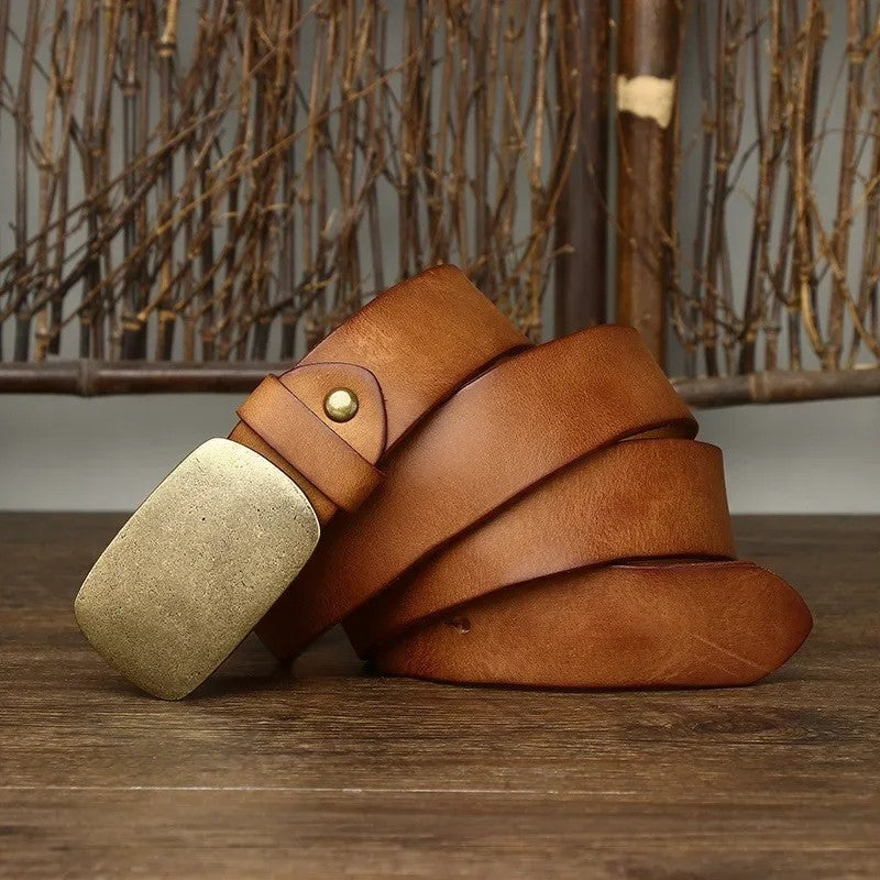 Distressed Brass Buckle Leather Belt