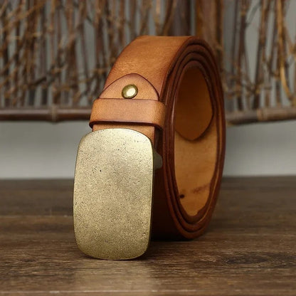 Distressed Brass Buckle Leather Belt