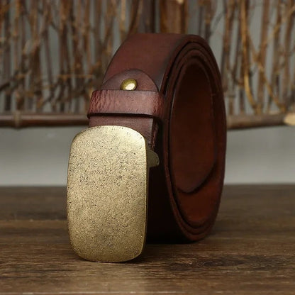 Distressed Brass Buckle Leather Belt