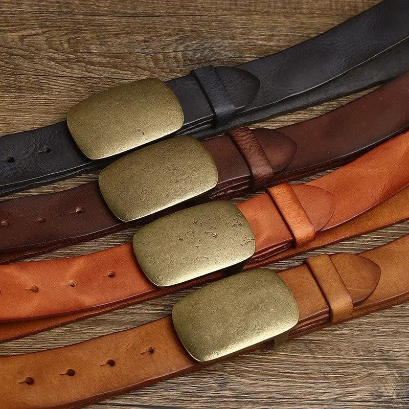 Distressed Brass Buckle Leather Belt