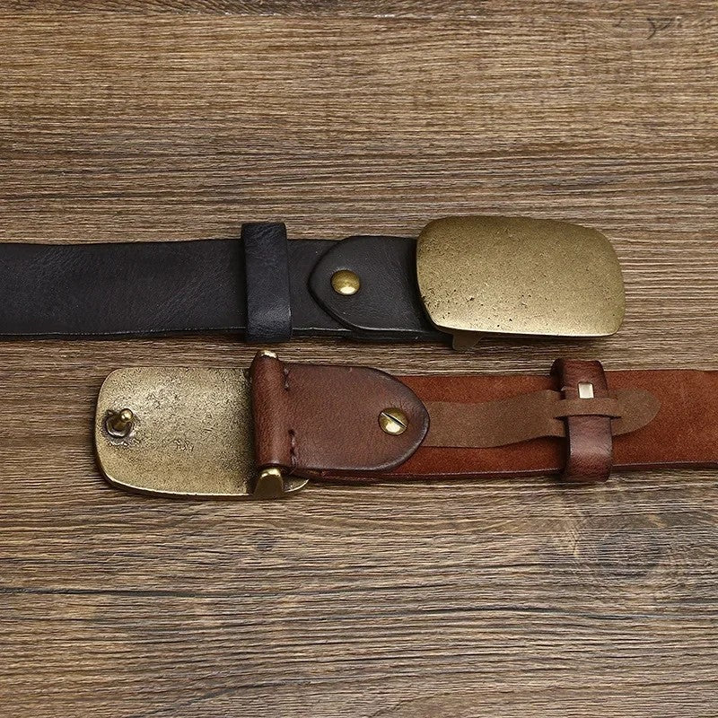 Distressed Brass Buckle Leather Belt