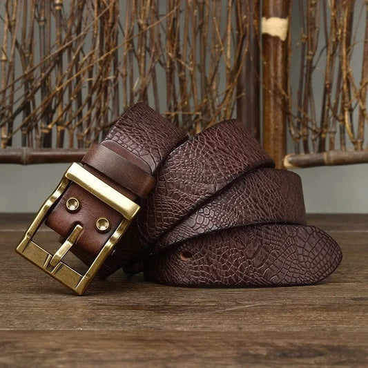 Embossed Leather Brass Buckle Belt