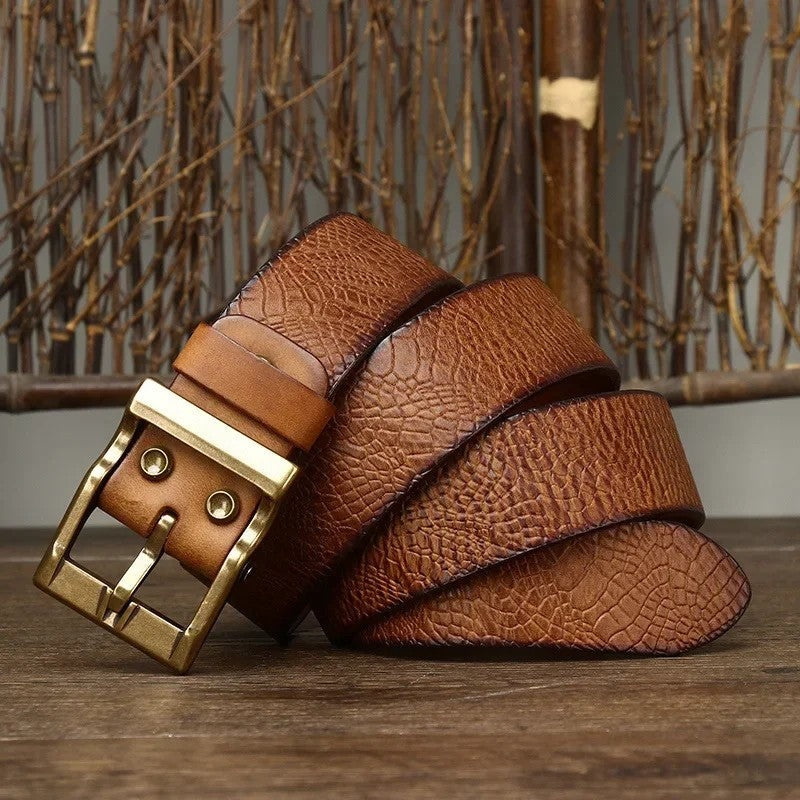 Embossed Leather Brass Buckle Belt
