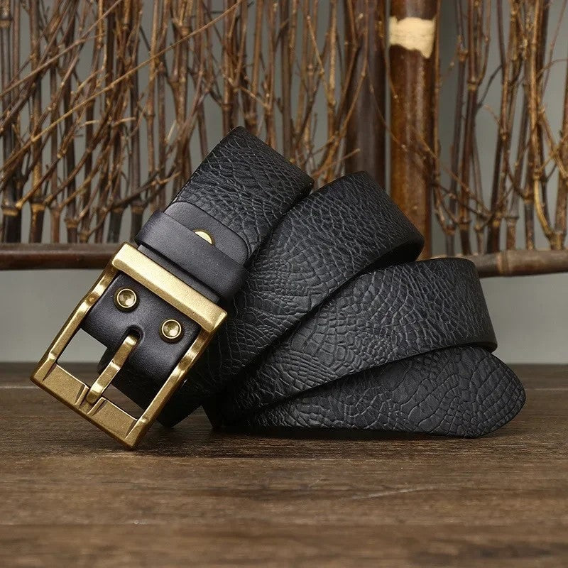 Embossed Leather Brass Buckle Belt