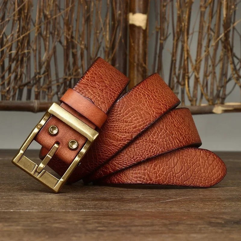 Embossed Leather Brass Buckle Belt