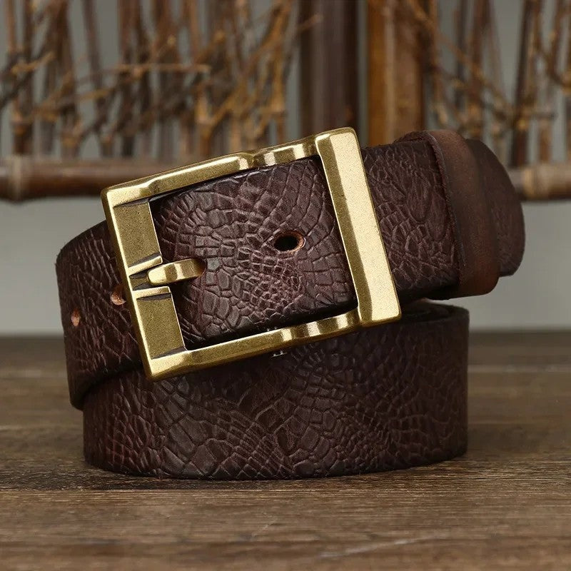 Embossed Leather Brass Buckle Belt