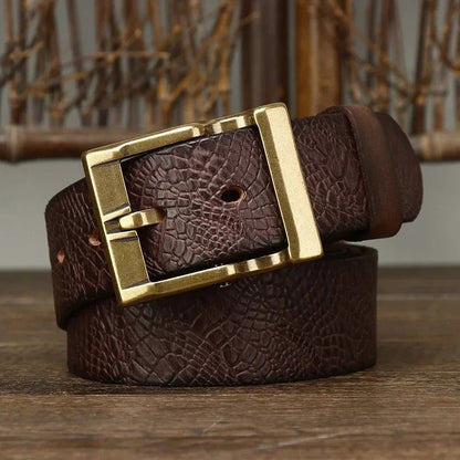 Embossed Leather Brass Buckle Belt