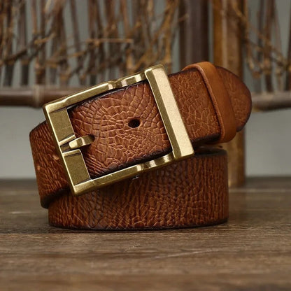 Embossed Leather Brass Buckle Belt
