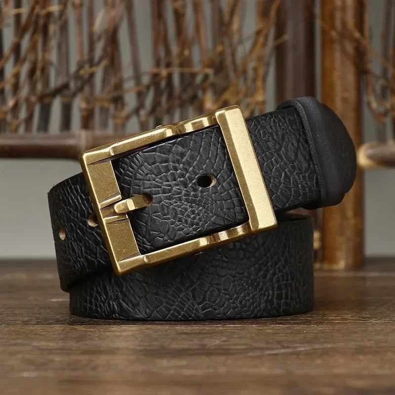 Embossed Leather Brass Buckle Belt