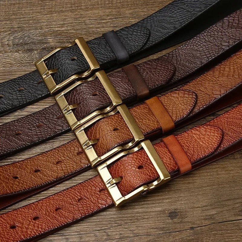 Embossed Leather Brass Buckle Belt