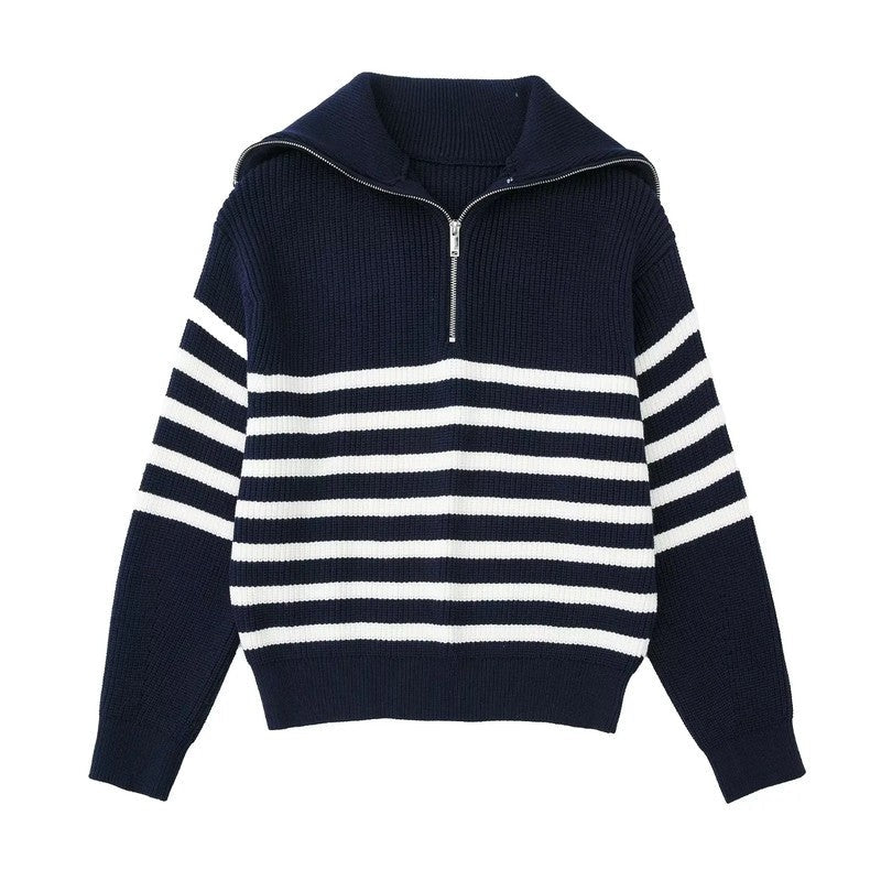 Maribel Striped Half-Zip Knit Sweater