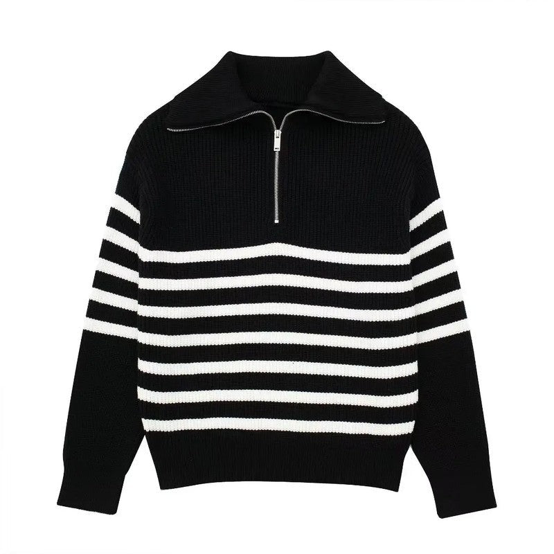 Maribel Striped Half-Zip Knit Sweater