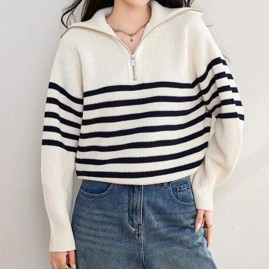 Maribel Striped Half-Zip Knit Sweater