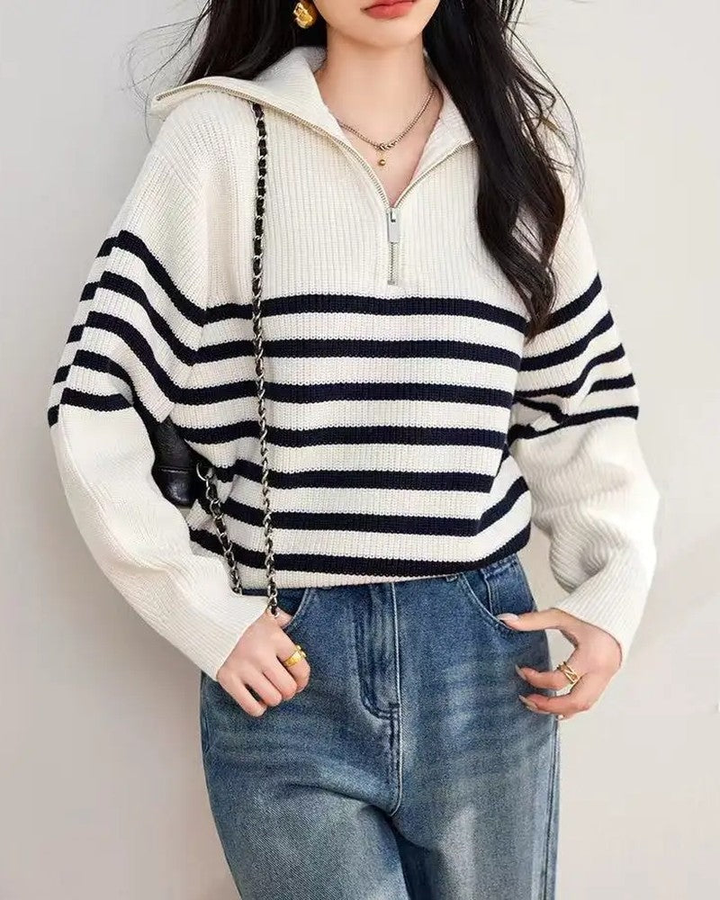 Maribel Striped Half-Zip Knit Sweater