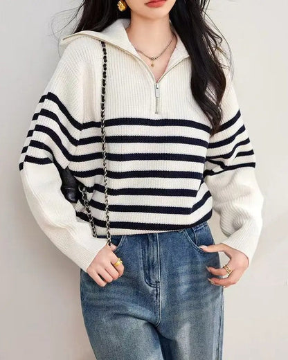 Maribel Striped Half-Zip Knit Sweater