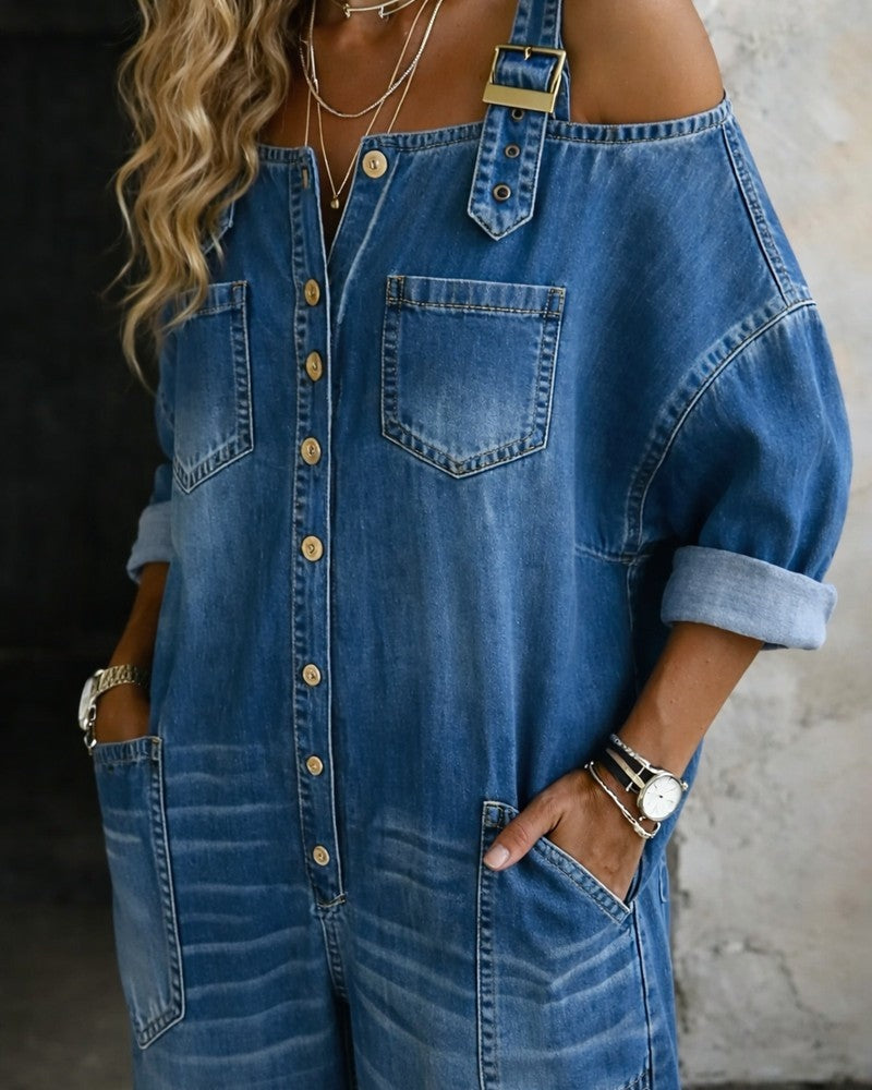 Maristella Off-Shoulder Denim Wide-Leg Jumpsuit