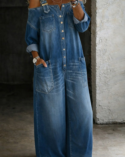Maristella Off-Shoulder Denim Wide-Leg Jumpsuit