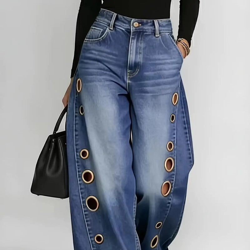 Olivine Grommet Wide-Leg Denim Jeans