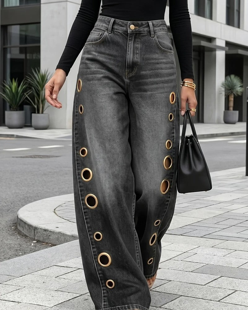 Olivine Grommet Wide-Leg Denim Jeans