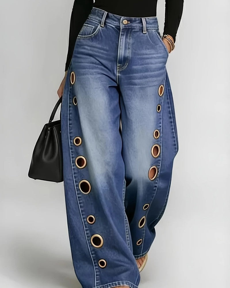 Olivine Grommet Wide-Leg Denim Jeans