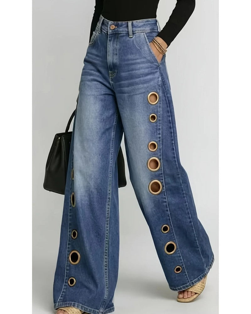 Olivine Grommet Wide-Leg Denim Jeans
