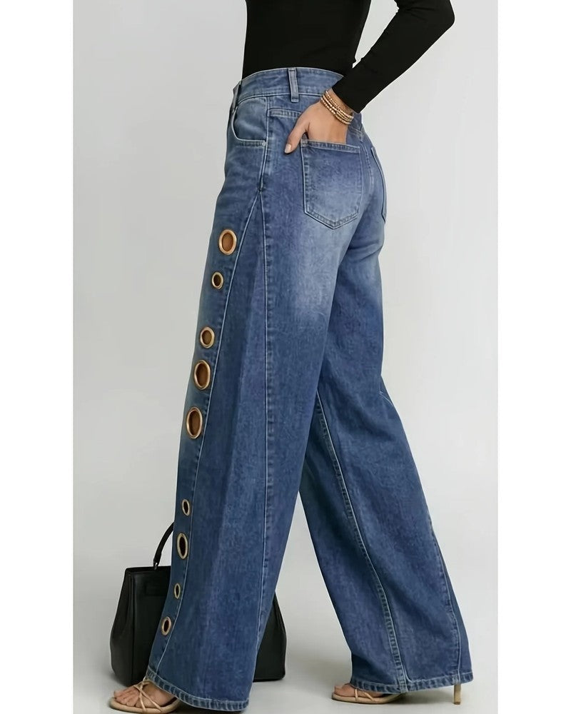 Olivine Grommet Wide-Leg Denim Jeans