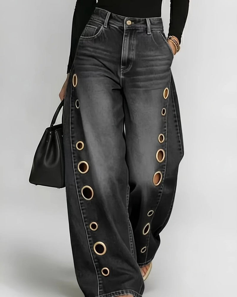 Olivine Grommet Wide-Leg Denim Jeans