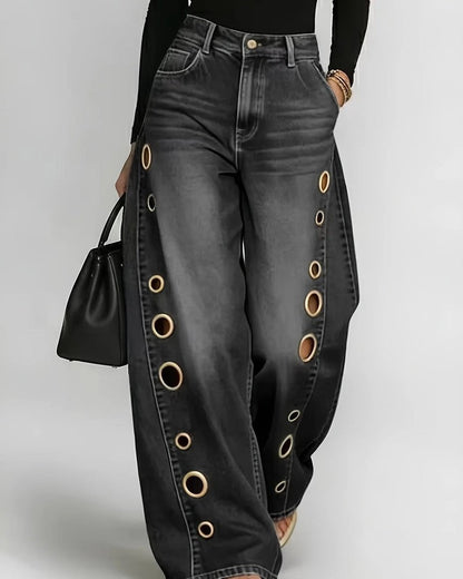 Olivine Grommet Wide-Leg Denim Jeans